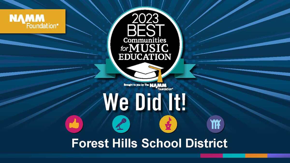 Image that says 2023 Best Communities for Music Education, We Did It!, Forest Hills School District